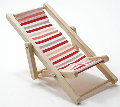Beach Chair, Red/White/Pink Fabric, Natural Wood
